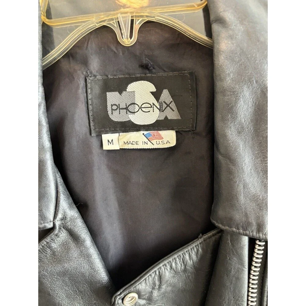 VTG Phoenix USA Leather Motorcycle Jacket Black Cropped Belted Moto 90s‎ M